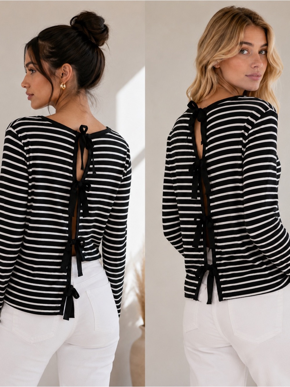Cupio Size XL Black White Striped V-Neck Long Sleeve Top